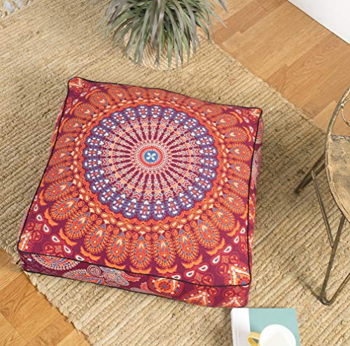 Popular Handicrafts Floor Pillow Cushion Cover - Hippie Mandala Square Ottoman Pouf Cover Indian Peacock Daybed Oversized Cotton Cushion Cover with Heavy Duty Zipper - Dog-Pets Bed, 22" Maroon - color: Maroon # 1_s, size: 22" x 22" (Pack of 1)