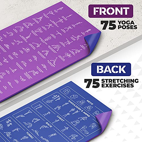 Instructional Yoga Mat with Carrying Strap: Cute Yoga Mat with 75 Illustrated Yoga Poses + 75 Easily-Followed Stretching Exercises - 1/4” Thick, Non-Toxic, Non-Slip Yoga Mats for Women and Men - color: Blue/Purple (72" x 32")