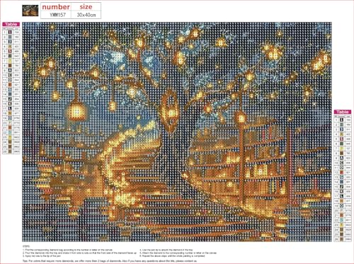 MXJSUA Library Lantern Tree Diamond Art Painting Kits for Adults, Full Drill 5D Round Dots Diamonds Paint Picture for Beginners, Gem Art Painting Craft Kits for Home Decor Gift 16x12 inch - color: Library Lantern Tree