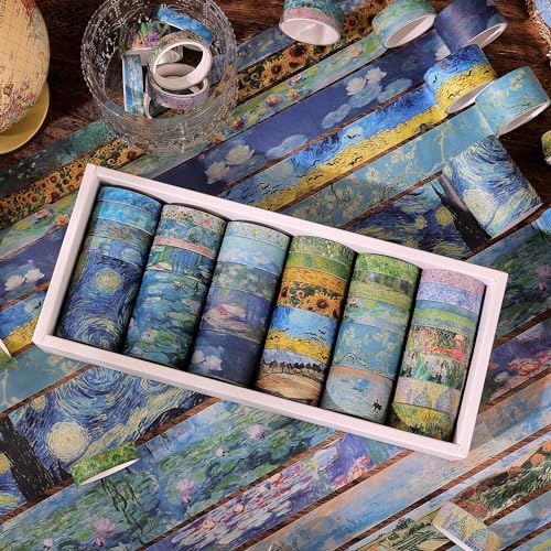 emmoolife 32 Rolls Washi Tape Set, Oil Painting Decorative Masking Tape, Van Gogh Adhesive Tape for Bullet Journal, DIY Crafts Gift, Party Decorations, Junk Journal, School Supplies - style: Oil Painting