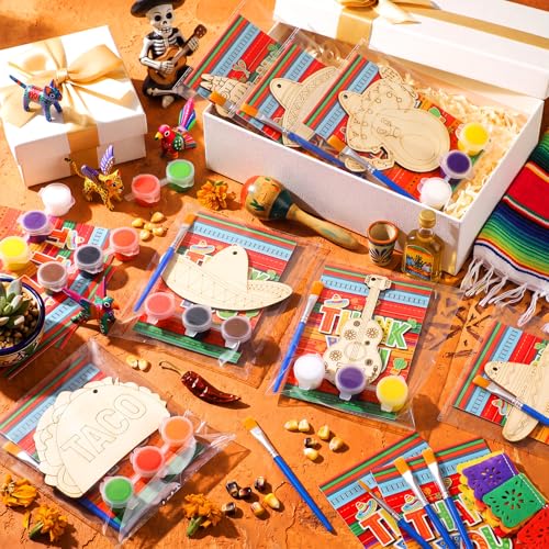 Saypacck 24 Pcs Mexican Taco Party Favors Wooden Paint Craft Kits | Mexican Taco Theme Painting Crafts, Fairy Princess Unicorn Party Supplies, Organza Bags Included for Goodie Bag Fillers - style: Mexican Taco