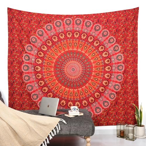 RAJRANG Hippie Wall Hanging Tapestry Golden Red King Size 90 x 84 Inches Boho Elephant Mandala Dorm Decor Meditation Bohemian Cotton Tapestries - color: Golden Red, size: 90"L x 84"W