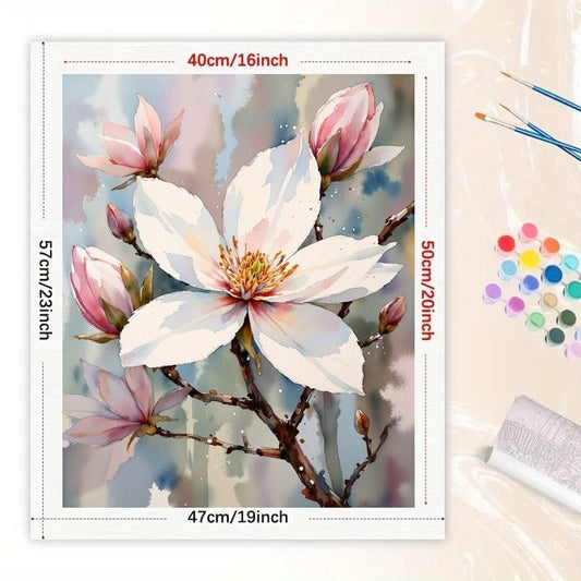 Floral Art Paint by Numbers Kit for Adults - DIY White Magnolia Blossom Painting on Canvas 16x20 Inches, Acrylic Paint Set, Suitable for Beginners, Art for Home Decoration or Gifts - color: HSX00101, size: 16X20IN Folded