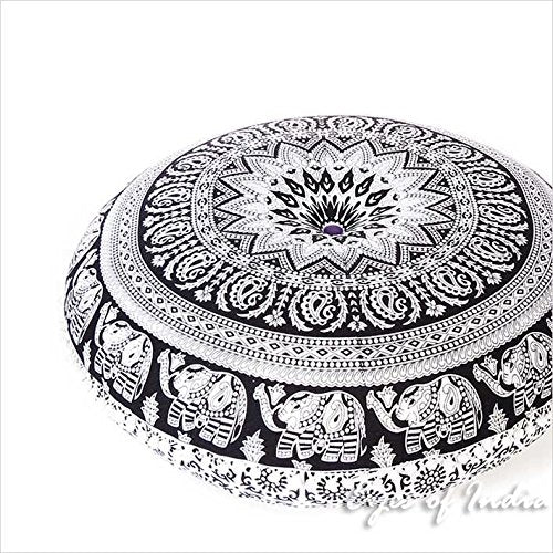 Mandala Floor Pillow Cover Meditation Cushion Seating Throw Hippie Round Colorful Decorative Bohemian Indian Pouf Ottoman Handmade Cover ONLY (B1 White Black, 32" x 32") - color: B1 White Black, size: 32" x 32" (Pack of 1)