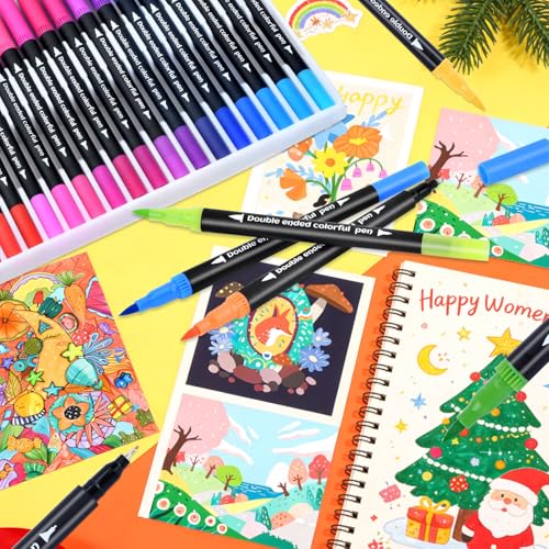 72 Colors Dual Tip Color markers, Fine & Brush Tip Markers Pens for Adult Coloring Book, Dual Watercolor Marker Pens, Art Drawing Supplies Marker s Kit for Calligraphy, Illustrations, DIY Crafts - color: 72 Colors Fine & Brush