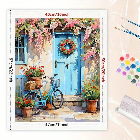 Vintage Bicycle Paint by Numbers Kit for Adults - DIY Blue Bike with Wreath Door and Pink Flowers Painting on Canvas 16x20 Inches, Acrylic Paint Set for Beginners, Art for Home Decoration or Gifts - color: HSX00460, size: 16X20IN Folded