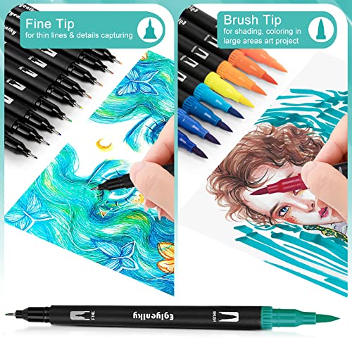 Eglyenlky Coloring Pens for Adult Coloring Books, 60 Water Colors | Dual Tip Brush Pens, Felt Markers with Fine and Brush Tip,Marker Set for Kid Adult Artist Drawing - color: 60 Colors-Black