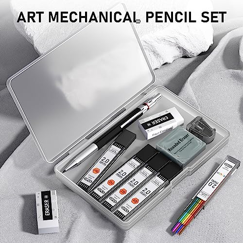 Four Candies 2MM Mechanical Pencil Set with Case, Metal, 60 Lead Refills | HB 2H 2B 4B Color graphite, with eraser, sharpener, leather case, for school writing, sketching, art drawing & drafting - size: 9 Piece Set