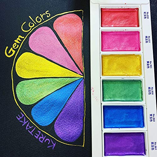 Kuretake Gansai Tambi GEM COLORS, 6 colors set, Made in Japan | 6 sparkling metallic colors, Watercolor Paint Set, large pans, Professional Use, Artist Grade - style: GEM COLOURS
