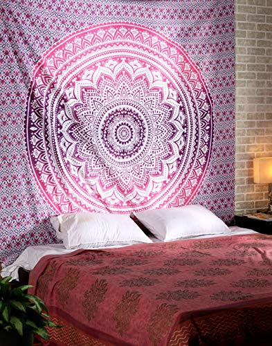raajsee Large Pink Ombre Mandala Tapestry Wall Hanging,Indian Cotton Beach Throw Blanket Hippie Bohemian Elephant Queen Boho Décor,Meditation Yoga Mat Rugs 82x92 Inches - color: Pink Ombre, size: 92"L x 82"W