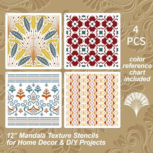 Large Mandala Pattern Stencils for Painting for Wall Decor Furniture Tile | Reusable & Easy to Clean, Boho Rangoli Patterns, Canvas Accents, Painted Boards, Beginner Friendly, 4 Pcs 12 Inch - color: Mandala, size: 12 inch
