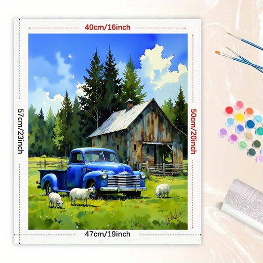 TAOPAOLAB Farm Scene with Blue Truck Paint by Numbers Kit for Adults – DIY Old Truck and Sheep by Barn Painting on Canvas 16x20 Inch, Acrylic Paint Set for Beginners, Art for Home Decoration or Gifts - color: FM05950, size: 40×50cm Unframed