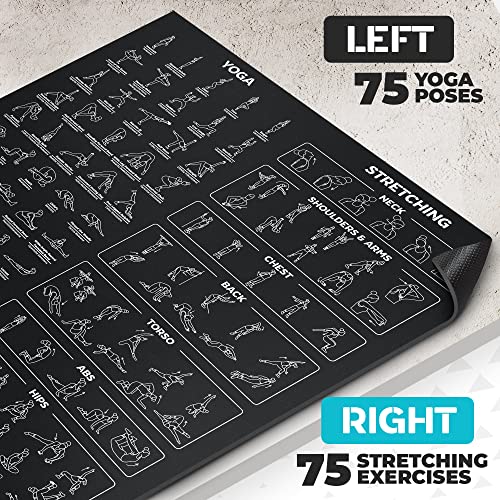 Extra-Large Instructional Yoga Mat with Poses Printed On It - 3X Bigger & 2X Wider than Regular Workout Mats - 150 Illustrated Yoga Poses and Stretches - Wide, Non-Slip, Barefoot Exercise Mat - color: 7' x 5' Black