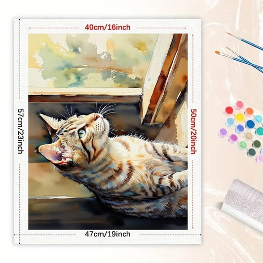 Window Gazing Cat Paint by Numbers Kit for Adults - DIY Tabby Cat Looking Outside Painting on Canvas 16x20 Inches, Acrylic Paint Set, Suitable for Beginners,Pet Art for Home Decoration/Gifts - color: FM04722, size: 40×50cm Unframed