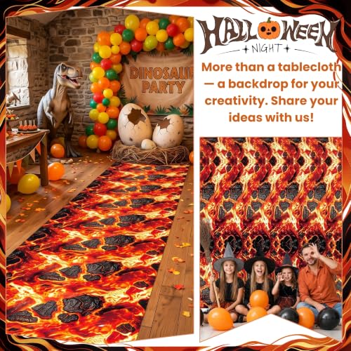 100FT x 54IN Halloween Lava Plastic Tablecloth Roll with Slide Cutter Box | Heavy Duty Disposable Frame Volcano Table Cover Wall Backdrop for Hot Lava Dinosaur Theme Party Halloween Game Decorations - color: Red Lava, size: 1200" x 54" (Rectangular)