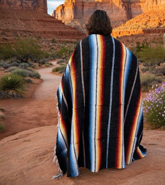 Striped Mexican Baja Blanket - Handmade Serape Throw in Soft Durable Woven Cotton Blend - Great for Beach, Yoga, Camping, Festivals and Home (Midnight Prizm (Black)) - color: Midnight Prizm (Black)