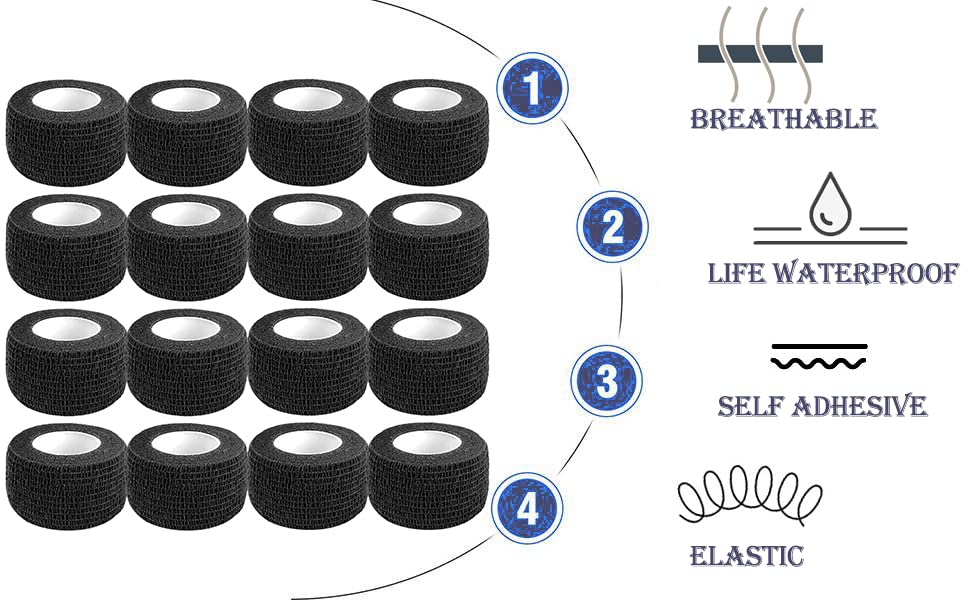 Self Adhesive Bandage Wrap,1 Inch Black Cohesive Bandages, Vet Wrap | CIYAGPOOU 5 Yards 16 Pack Elastic Flexible Tattoo Sports Tape Bulk for First Aid Supplies - color: 1 Inch Vet Wrap (16 Pack Black)