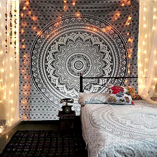 raajsee Grey Black Mandala Tapestry Bedroom Aesthetic - Indie Wall Tapestries Hippie Room Decor - Boho White Trippy Tapestrys Wall Hanging - Mandalas Wall Art 82x92 Inches - color: Black White Ombre, size: 92"L x 82"W