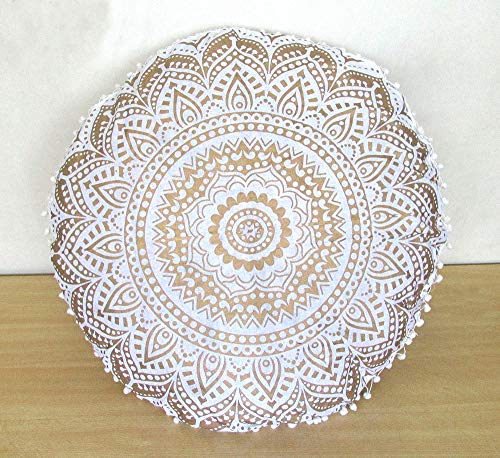 32" Gold Mandala Barmeri Large Floor Pillow Cover Cushion Meditation Seating Ottoman Throw Cover Hippie Decorative Zipped Bohemian Pouf Ottoman Poufs, Pom Pom Pillow Cases (White Gold, 32" Round) - color: White Gold, size: 31.9"D x 31.9"W x 2"H