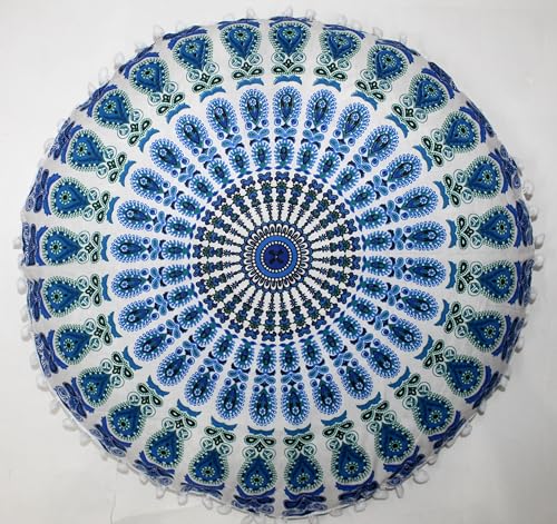 INDIAN CRAFT CASTLE ICC 32 Inch Large Round seat Floor Cushion Cover Chair Ottoman Pouf Pillow Cover Meditation Floor Cushion Covers Seating pouffe Throw Covers Sky Blue - color: Sky Blue