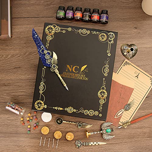 NC Quill & Feather Calligraphy Pen Set, Wax Seal Stamp - Valentine's & Birthday Gift, Ideal for Various Holidays (Blue) - color: Blue