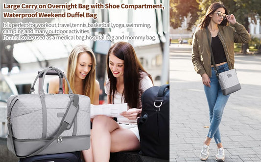 Weekender Bag, Large Travel Duffel Bag for Women, Carry on Overnight Bag with Shoe Compartment and Toiletry Bags - color: A-Grey