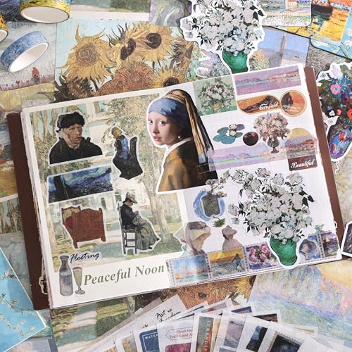 Scrapbooking Supplies Kit, Monet Van Gogh Oil Painting Theme Scrapbook Kit for Bullet Junk Journal, 12 Rolls Washi Tape, Stickers Papers for DIY Journaling Supplies, Craft Gift for Women Teenage - color: Oil painting
