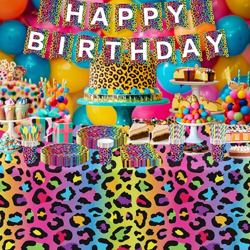 Leopard Party Decorations Tablecloth, Cheetah Birthday Tablecover | 3Pcs Disposable Cheetah Print Party Supplies, Iridescent Rainbow Leopard Birthday Table Decorations, 55in x 86in