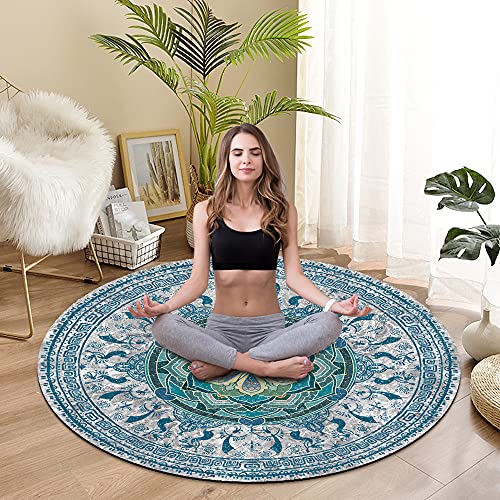 Knsbk Large Round Yoga Mat 4.6'X3.5mm for Exercise Premium Extra Thick, Ultra Comfortable, Non Slip, Meditation Mat - color: blue blossom