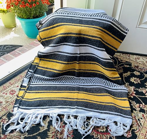 Mexican Falsa Blanket Serepe Throw Authentic Handwoven Saddle Multi-Use for Yoga, Beach, Camping and Picnics - Durable Outdoor Indoor. 60% Cotton. (Yellow) - color: Yellow