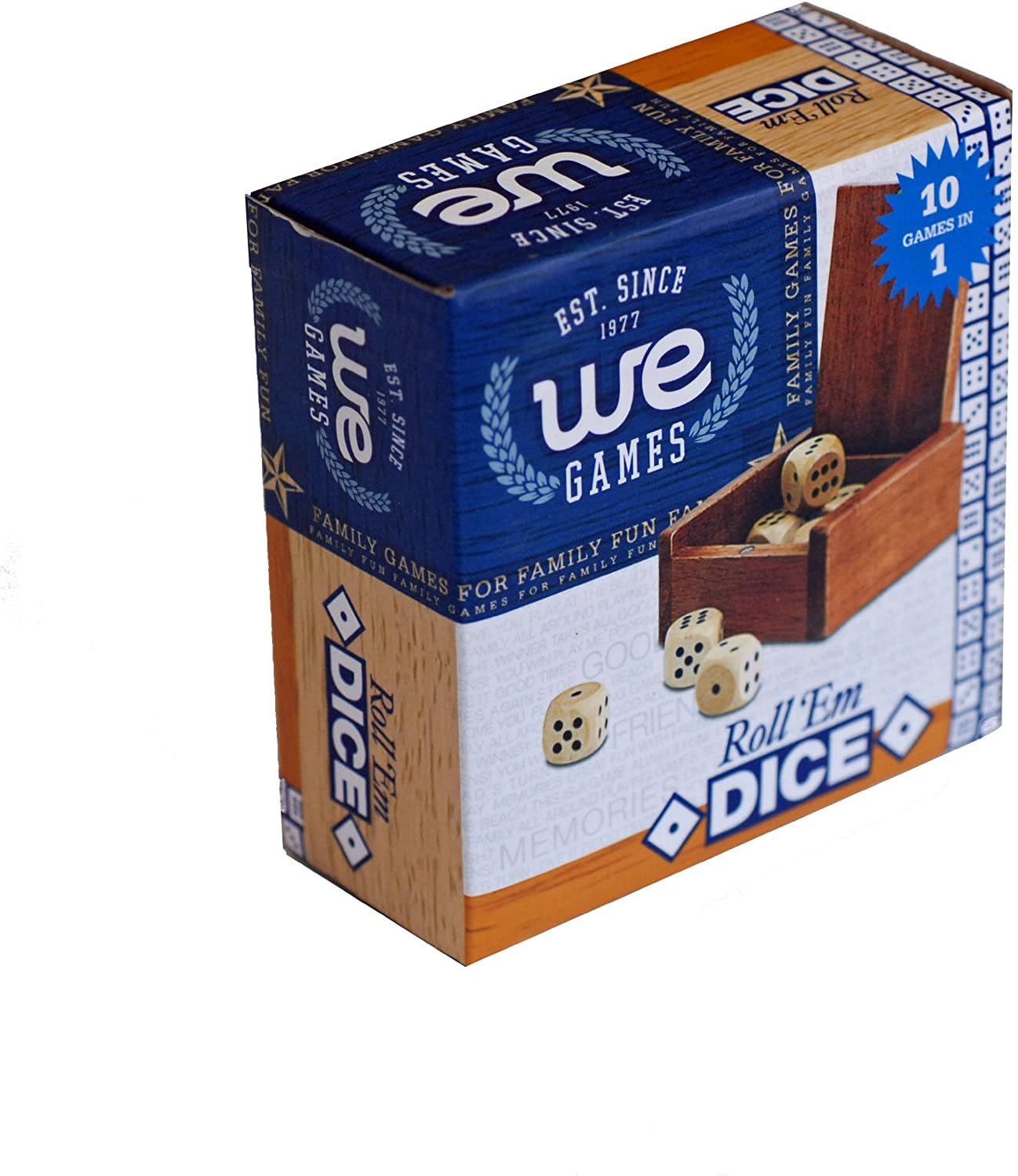 WE Games Wooden Dice Box with 8 Rounded Wooden Dice - Instructions for 10 Dice Games - size: 19mm