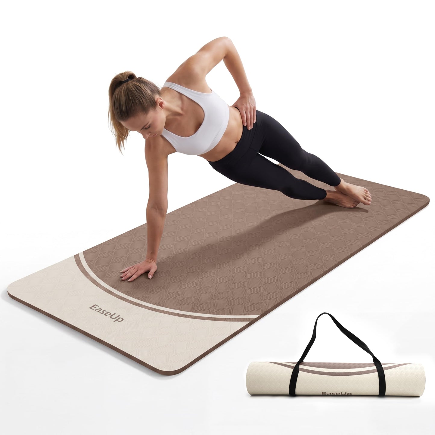 EaseUp 10mm Thick Yoga Mat, 73"×31.5" Extra Wide, Non-Slip with Strap - color: brown