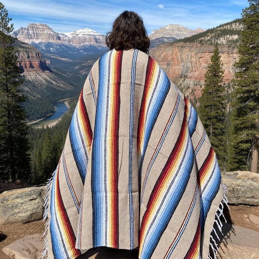 Striped Mexican Baja Blanket - Handmade Serape Throw in Soft Durable Woven Cotton Blend - Great for Beach, Yoga, Camping, Festivals and Home (Mojave Sunset (Tan)) - color: Mojave Sunset (Tan)