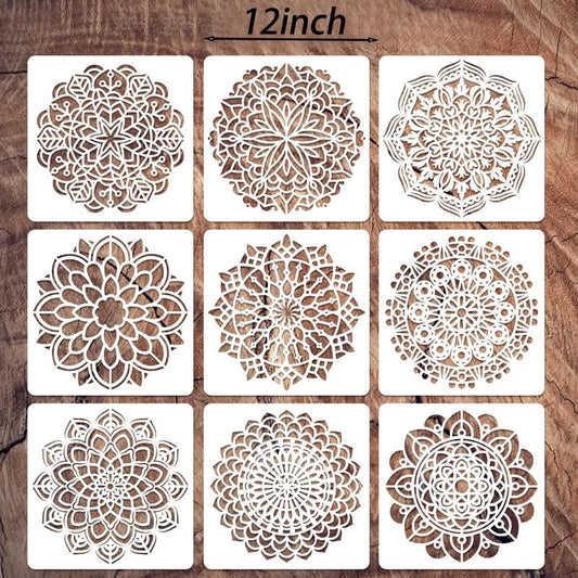 9 Pack 12x12 Inch Mandala Stencil Templates - Reusable Circular Art Stencils for Wall Painting, Canvas, Spray Art & DIY Craft Projects