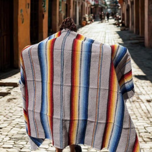 Striped Mexican Baja Blanket - Handmade Serape Throw in Soft Durable Woven Cotton Blend - Great for Beach, Yoga, Camping, Festivals and Home (Grey Sol (Grey)) - color: Grey Sol (Grey)