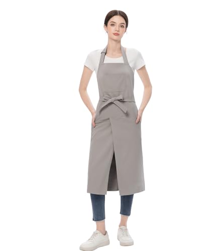Pottery Apron Split Leg,100% Cotton Artist Apron 3 Pockets for Women Men,Ceramics Clay - color: Light Grey, size: 43" long