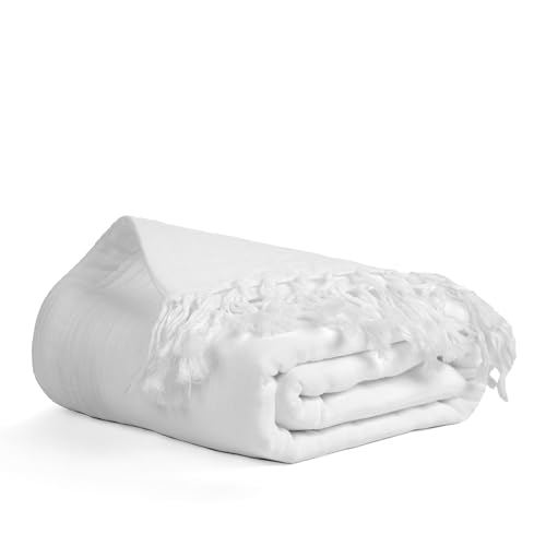 Salt Earth 100% Cotton Gauze 50"X60" Throw Tassel 4 Layered Blanket- White | Premium Muslin Blanket for Couch,Bed,Living,Summer Lightweight, All Seasons Blankets & Throws, Boho,Travel & Skin Friendly - color: White, size: 50"X60" Throw