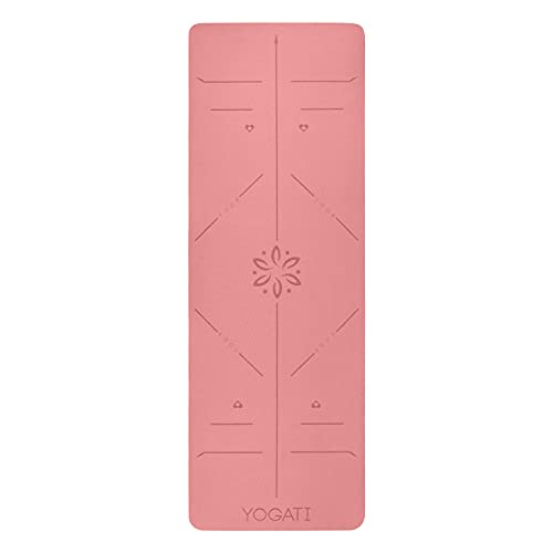 YOGATI® 정렬 라인이 있는 스트랩이 달린 요가 매트. 여성, 남성 및 아동용 홈 운동 매트. 필라테스와 피트니스를 위한 두꺼운 미끄럼 방지 요가 매트. 브라운, 핑크 및 퍼플 요가 매트 - color: 핑크