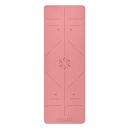 YOGATI® 정렬 라인이 있는 스트랩이 달린 요가 매트. 여성, 남성 및 아동용 홈 운동 매트. 필라테스와 피트니스를 위한 두꺼운 미끄럼 방지 요가 매트. 브라운, 핑크 및 퍼플 요가 매트 - color: 핑크