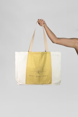 Large Canvas Yoga Tote Bag with Yoga Mats Bags Carrier - color: Beige & Mustard