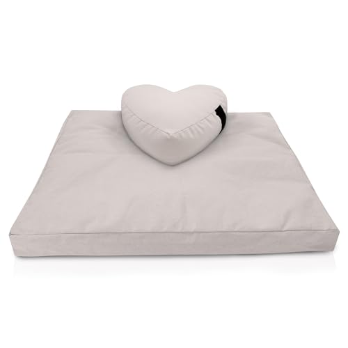 Bean Products Meditation Cushion Mat Set - Zafu Floor Pillow Organic Buckwheat Pillow + Cotton Filled Zabuton Prayer Pad - Meditation Pillow Yoga Knee Pad - Made in USA - 14" Round or 18" Oval - color: Natural - 10oz Cotton Canvas, size: Heart Shaped Comb