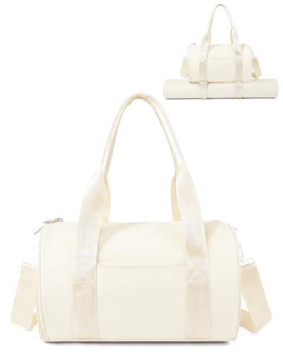 Small Gym Bag for Women, 11L Mini Duffle Bag with Shoe Compartment, Wet Pocket & Yoga Mat Holder, Lightweight Carry On Sport Bag for Gym, Yoga, Dance & Overnight Trips - Beige - color: Beige