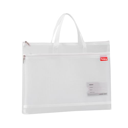 Pendancy Mesh Zipper Pouch, Fits A4 Paper, File Bag with Handle, White | 11 x 13.8 in Semi-Transparent Nylon File Organizer with 2 Zippered Compartments, Foldable Design for Documents and Travel - color: Translucent White, style: DIY Label Type A4 Size(11