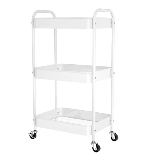 3-Tier Rolling Cart, Metal Utility Storage Carts with Wheels,White | Multi-Functional Organizer Snack Cart Easy Assembly - color: White