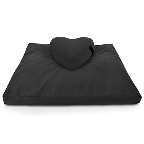 Bean Products Meditation Cushion Mat Set - Zafu Floor Pillow Organic Buckwheat Pillow + Cotton Filled Zabuton Prayer Pad - Meditation Pillow Yoga Knee Pad - Made in USA - 14" Round or 18" Oval - color: Black - 10oz Cotton Canvas, size: Heart Shaped Combo