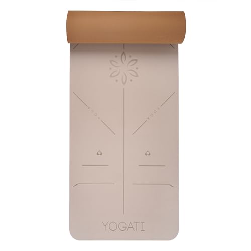 YOGATI® 정렬 라인이 있는 스트랩이 달린 요가 매트. 여성, 남성 및 아동용 홈 운동 매트. 필라테스와 피트니스를 위한 두꺼운 미끄럼 방지 요가 매트. 브라운, 핑크 및 퍼플 요가 매트 - color: 브라운.
