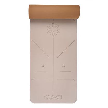 YOGATI® 정렬 라인이 있는 스트랩이 달린 요가 매트. 여성, 남성 및 아동용 홈 운동 매트. 필라테스와 피트니스를 위한 두꺼운 미끄럼 방지 요가 매트. 브라운, 핑크 및 퍼플 요가 매트 - color: 브라운.