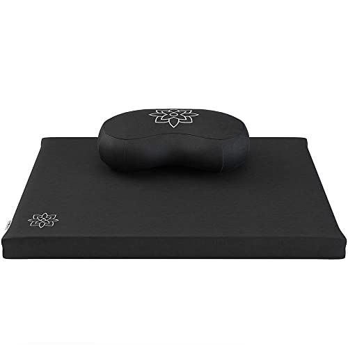 Mindful & Modern Meditation Cushion & Zabuton Meditation Mat Bundle - 100% Cotton Meditation Cushion Set for Yoga - Buckwheat Crescent Shaped Zafu Floor Pillow Rectangular Mat - Minimal Black Color