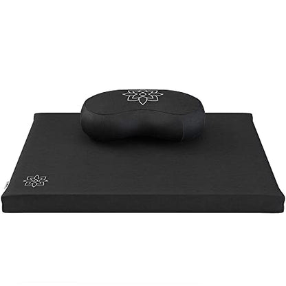 Mindful & Modern Meditation Cushion & Zabuton Meditation Mat Bundle - 100% Cotton Meditation Cushion Set for Yoga - Buckwheat Crescent Shaped Zafu Floor Pillow Rectangular Mat - Minimal Black Color