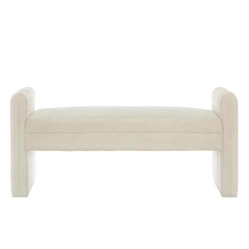 24KF Modern Upholstered Bed Bench Covered with Soft Boucle Teddy Fabric, Lovely Entryway Bench Ottoman with Armrest,5062-Cream - color: Cream Teddy Bench